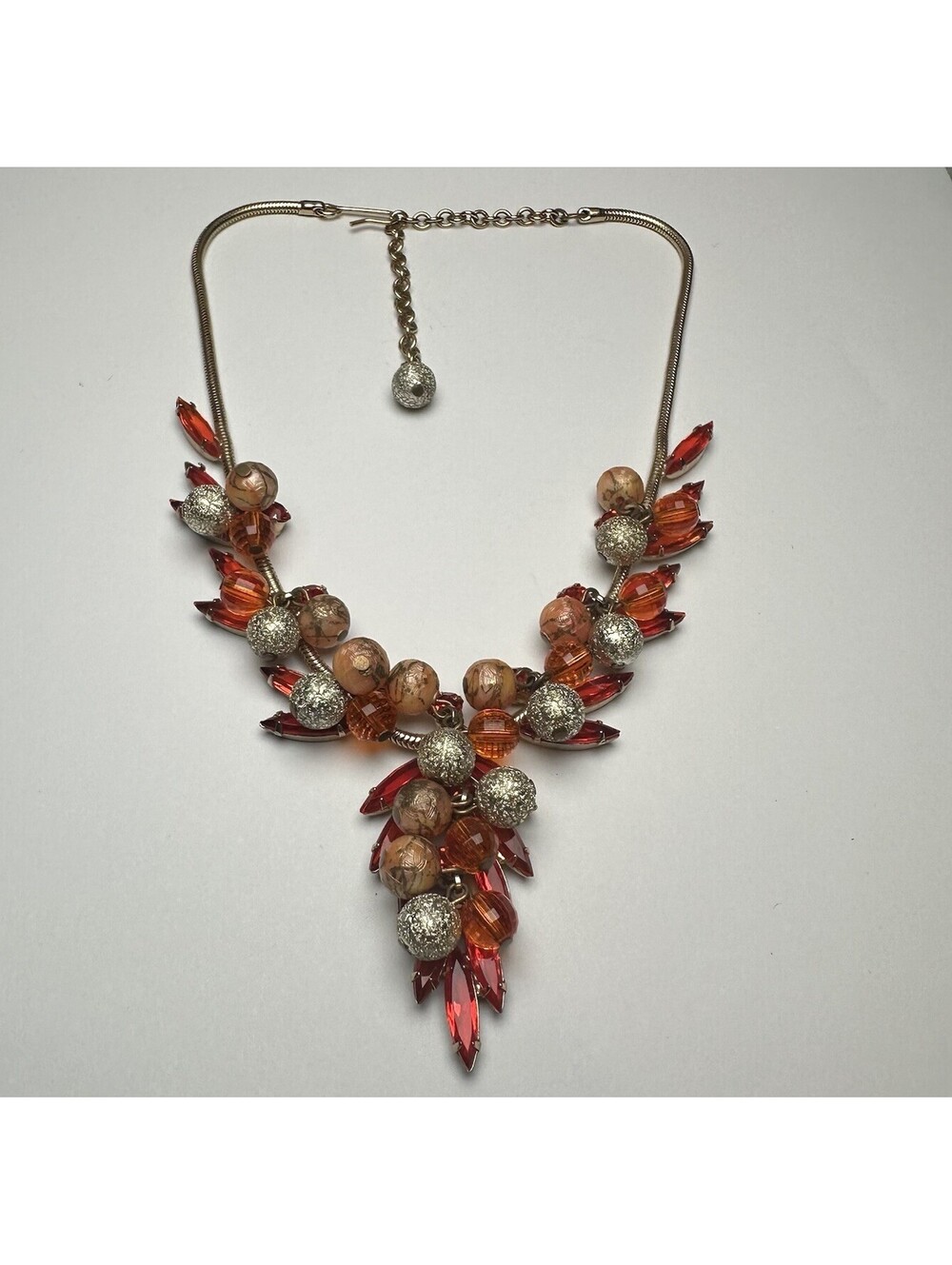 Cluster Necklace Navette Rhinestone Beaded Red Orange Peach Bead Gold Tone
